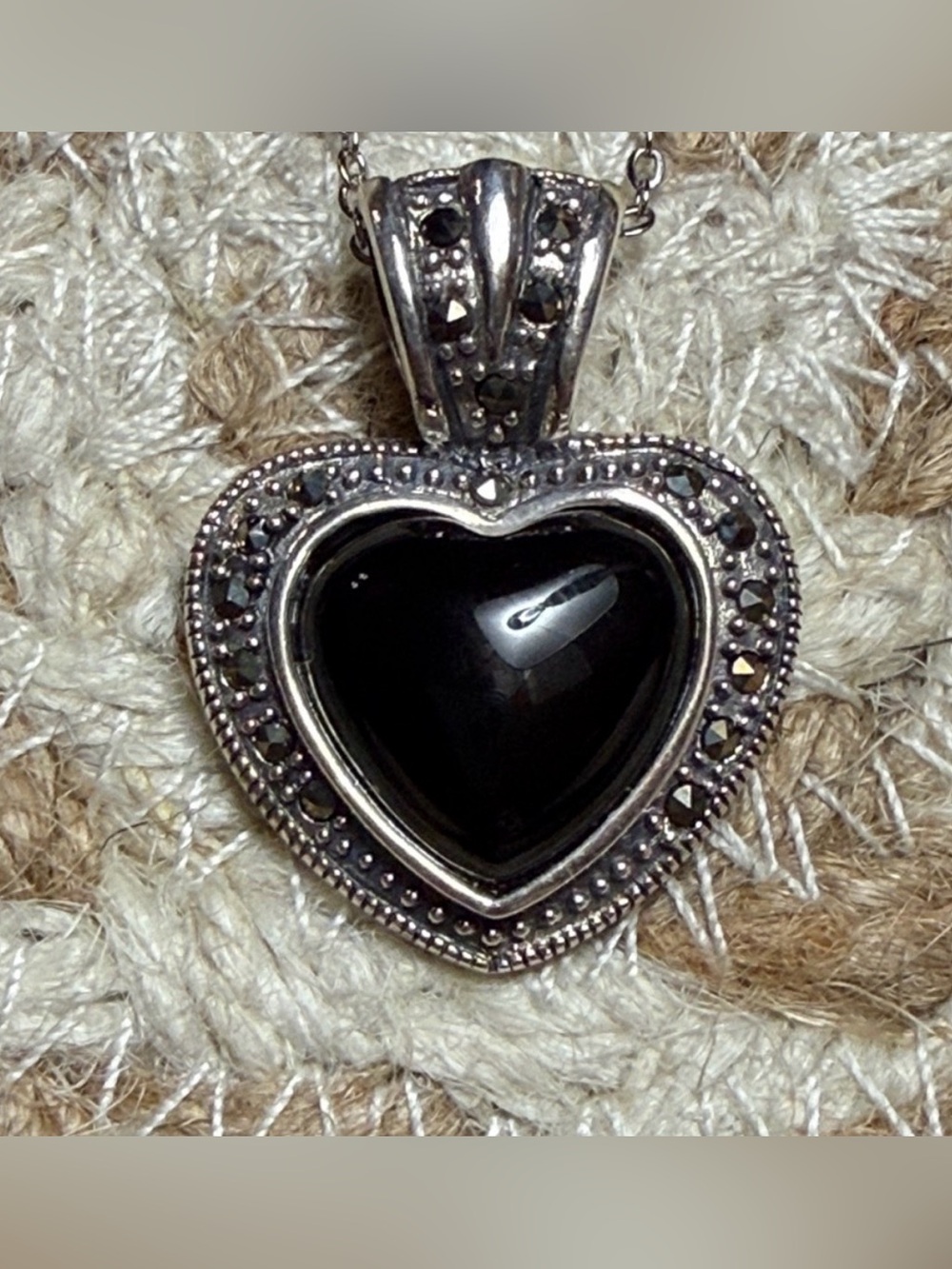 Vintage inspired black Onyx heart 925 sterling silver pendant w/ Marcasite’s NEW